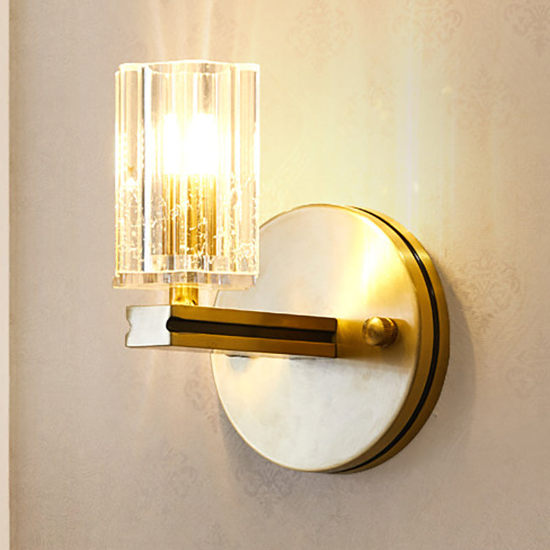 Contemporary Prismatic Crystal Cylinder Sconce Light - Brass Wall Mount