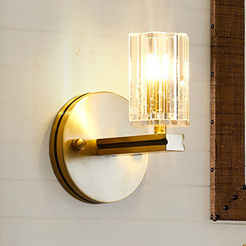 Contemporary Prismatic Crystal Cylinder Sconce Light - Brass Wall Mount