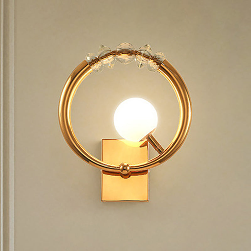 Simple Gold Ring Wall Sconce With Crystal Accent - 1 Light Metal Mount
