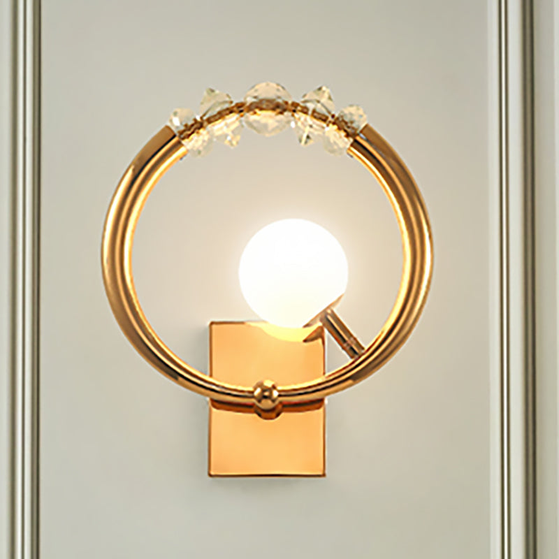 Simple Gold Ring Wall Sconce With Crystal Accent - 1 Light Metal Mount