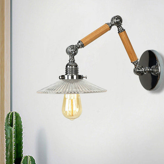 Vintage Ribbed Glass Saucer Wall Sconce With Extendable Wooden Arm For Study Room Lighting Clear /