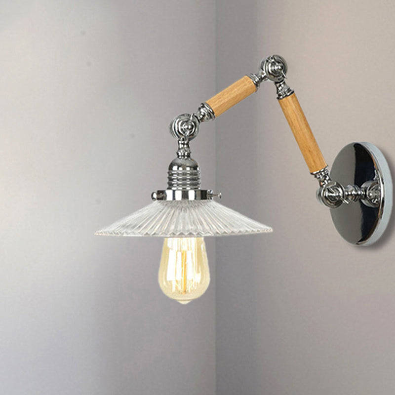 Vintage Ribbed Glass Saucer Wall Sconce With Extendable Wooden Arm For Study Room Lighting