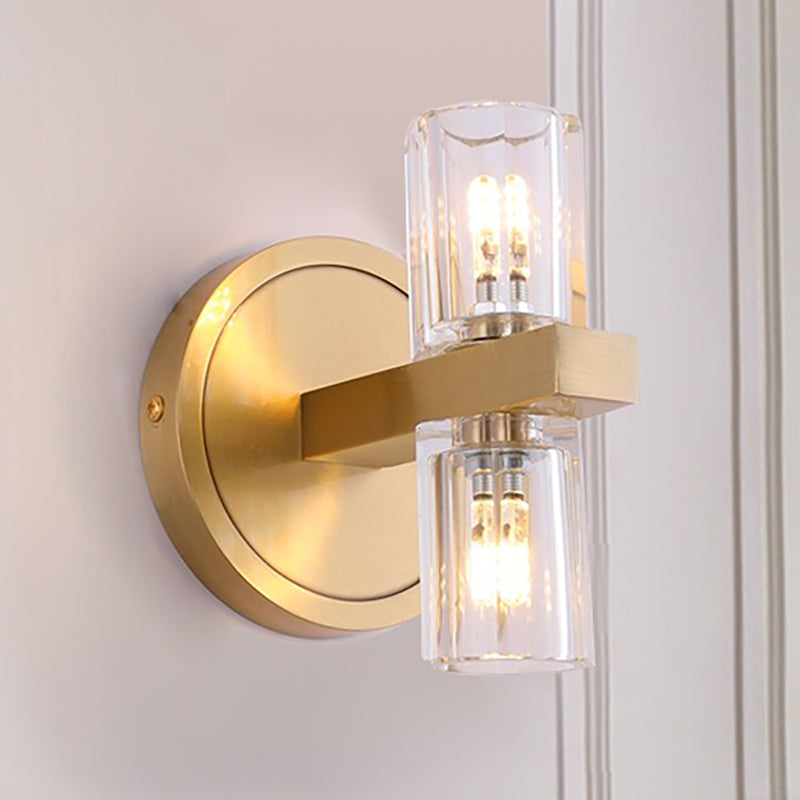 Prismatic Crystal Cylinder Wall Sconce Light - Postmodern 2 Lights Brass Up And Down Mount