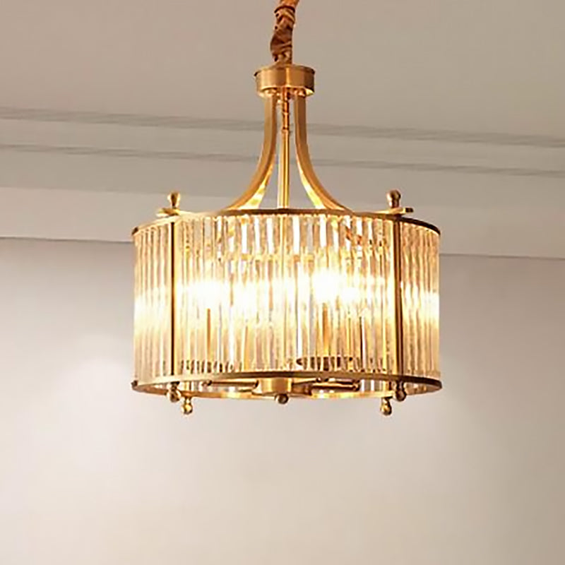 Nordic Crystal Rod Drum Chandelier - Brass 4-Light Hanging Ceiling Light For Dining Room