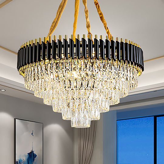 Modern Conical Chandelier with Crystal Accents - 4-Light Black Ceiling Pendant for Living Room