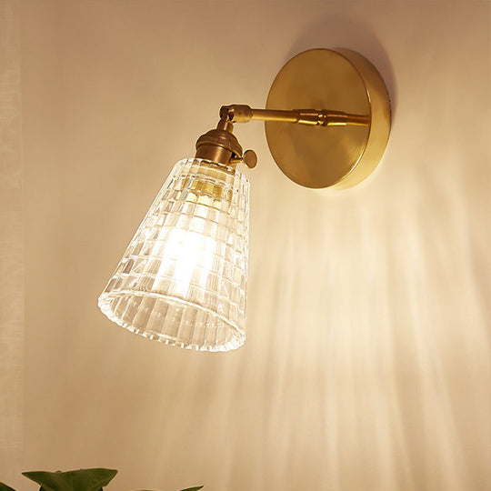 Tapered Industrial Wall Sconce - Clear Prismatic Glass Brass 1 Light Fixture For Living Room