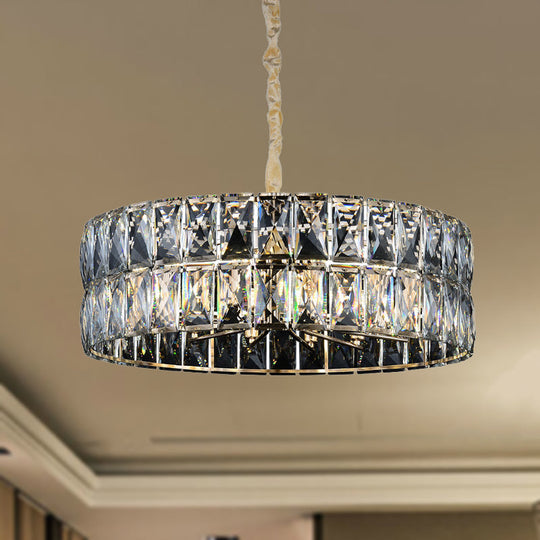 Postmodern Faceted Crystal Drum Chandelier - 8-Light Gold Ceiling Pendant