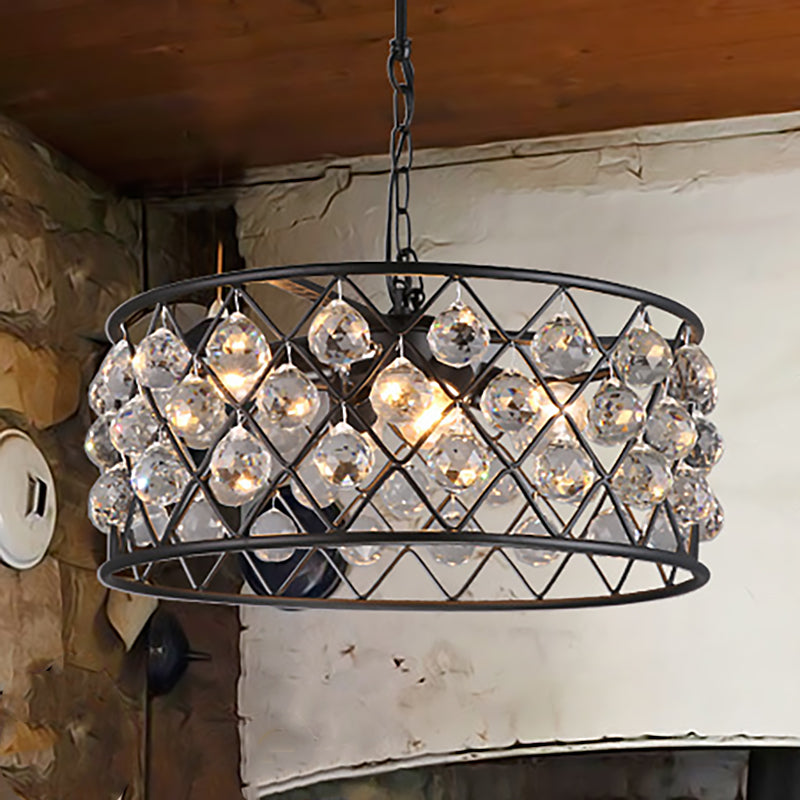 Modern Round Black Chandelier Light with Iron Frame, Metal, and Crystal - 4 Lights