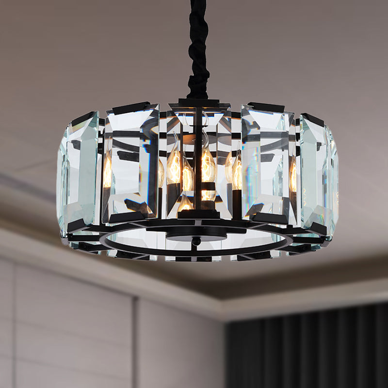 Antique Style Crystal Block Drum Ceiling Light Fixture - 4-Light Black Chandelier for Bedroom