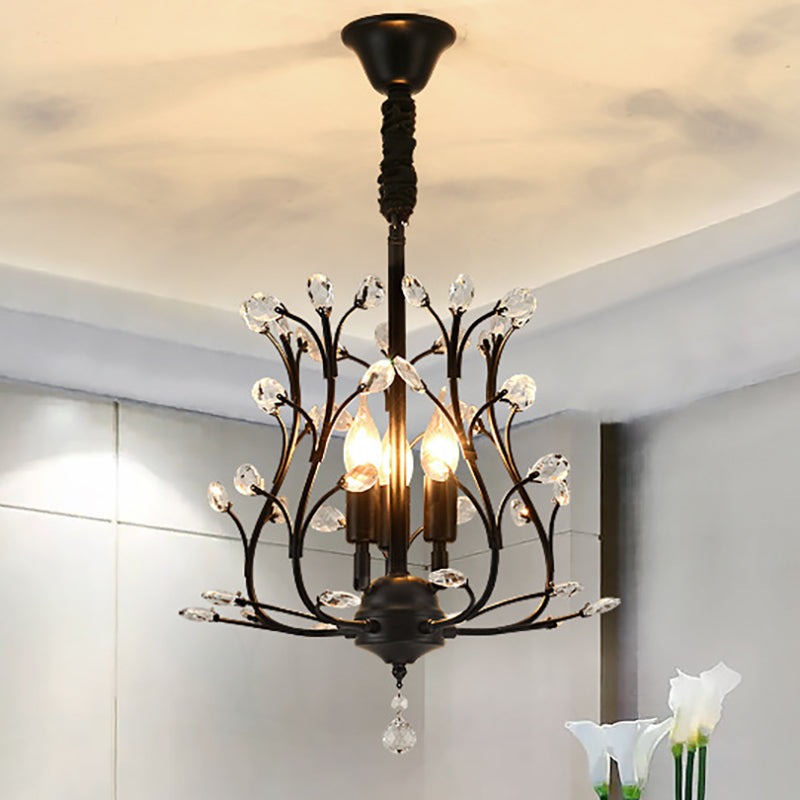 Stunning Black/Gold Branch Chandelier with Crystal Accents - Modern 3-Bulb Hanging Light for Dining Room