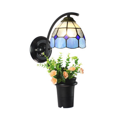 Tiffany Stained Glass Dome Sconce Light: Yellow/Clear/Blue With Flower Decoration Clear