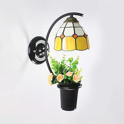 Tiffany Stained Glass Dome Sconce Light: Yellow/Clear/Blue With Flower Decoration