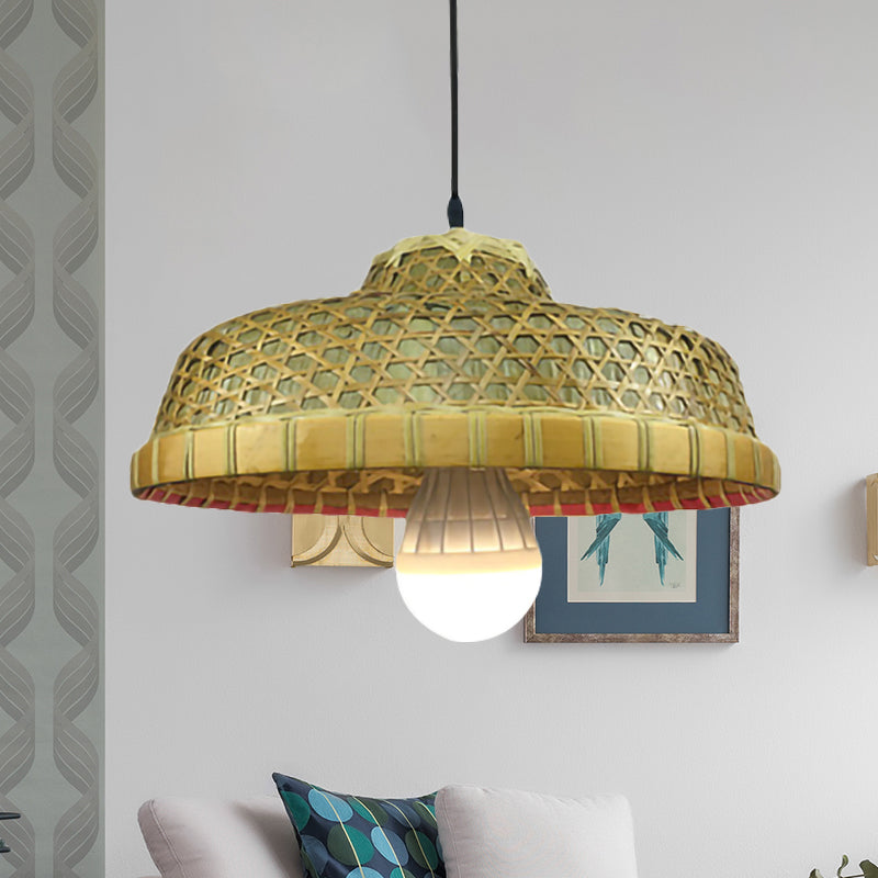 Rustic Bamboo Hanging Lamp - Single Light Hat-Shaped Drop For Restaurants Beige
