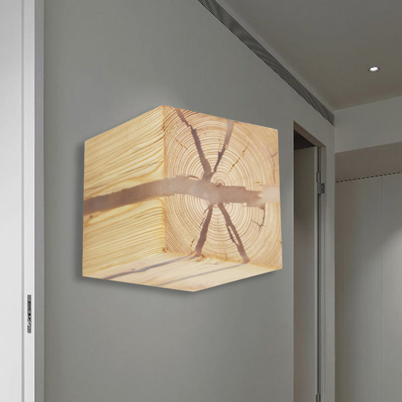Rustic Cracked Cube Wall Light Wood Sconce For Kids Bedroom And Nursing Room Brown
