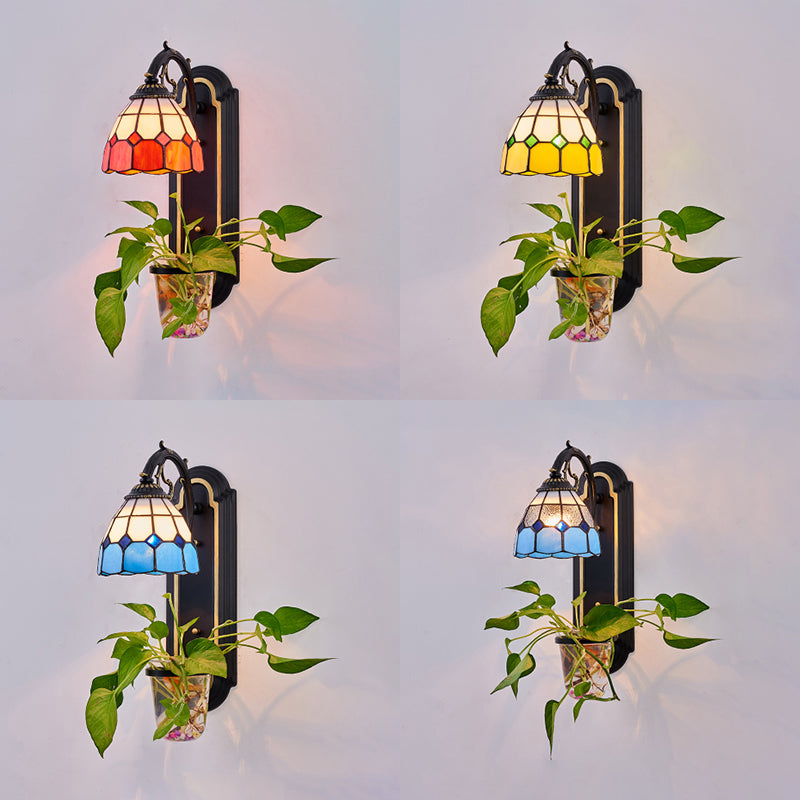 Stained Glass Dome Sconce: Tiffany-Inspired Wall Light With 1 Blue/Yellow/Orange Head & Plant