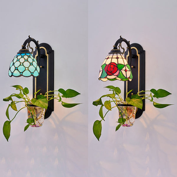 Tiffany Blue/Red Stained Glass Wall Sconce Light Fixture - 1 Head Dome With Plant Design