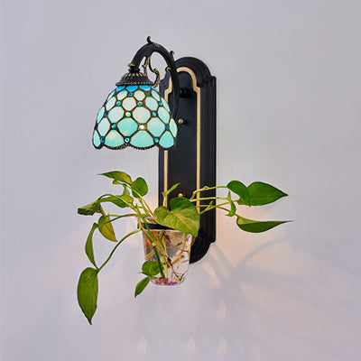 Tiffany Blue/Red Stained Glass Wall Sconce Light Fixture - 1 Head Dome With Plant Design Blue