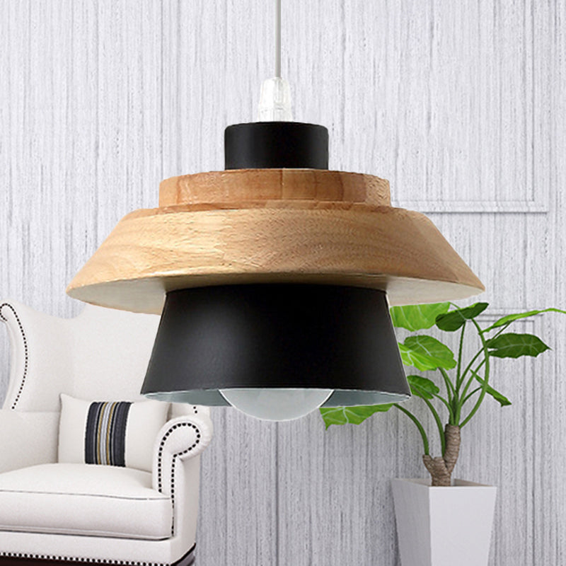 Modern Macaron Style Mushroom Pendant Light - Metal/Wood Hanging For Restaurants Black