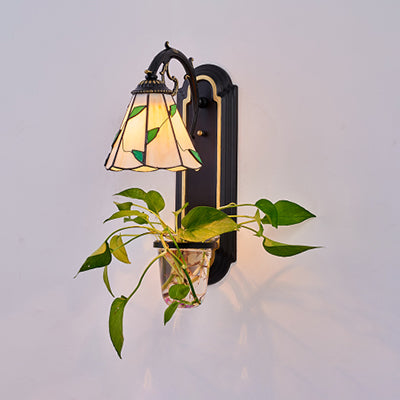 Tiffany Beige/Blue Glass Conical Sconce Lamp - 1 Head Black Wall Mount Light With Plant Design Beige