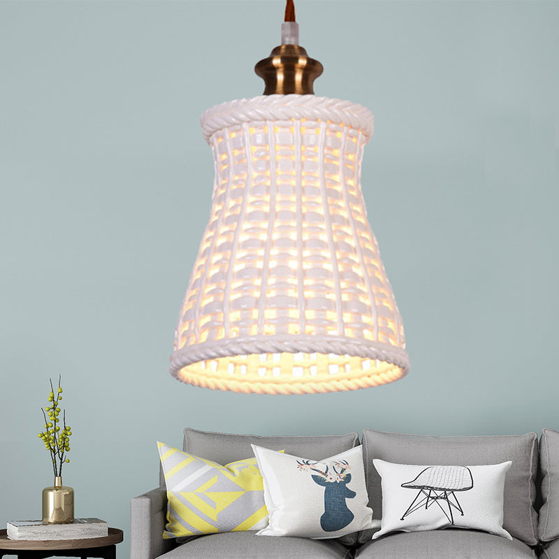 Modern Curved Basket Hanging Light: 1-Head Ceramic Pendant For Dining Table White