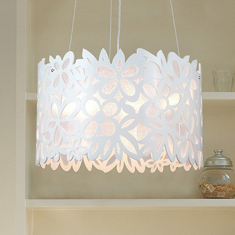 White Floral Pendant Light For Dining Room With Drum Shade And Wrought Iron Frame