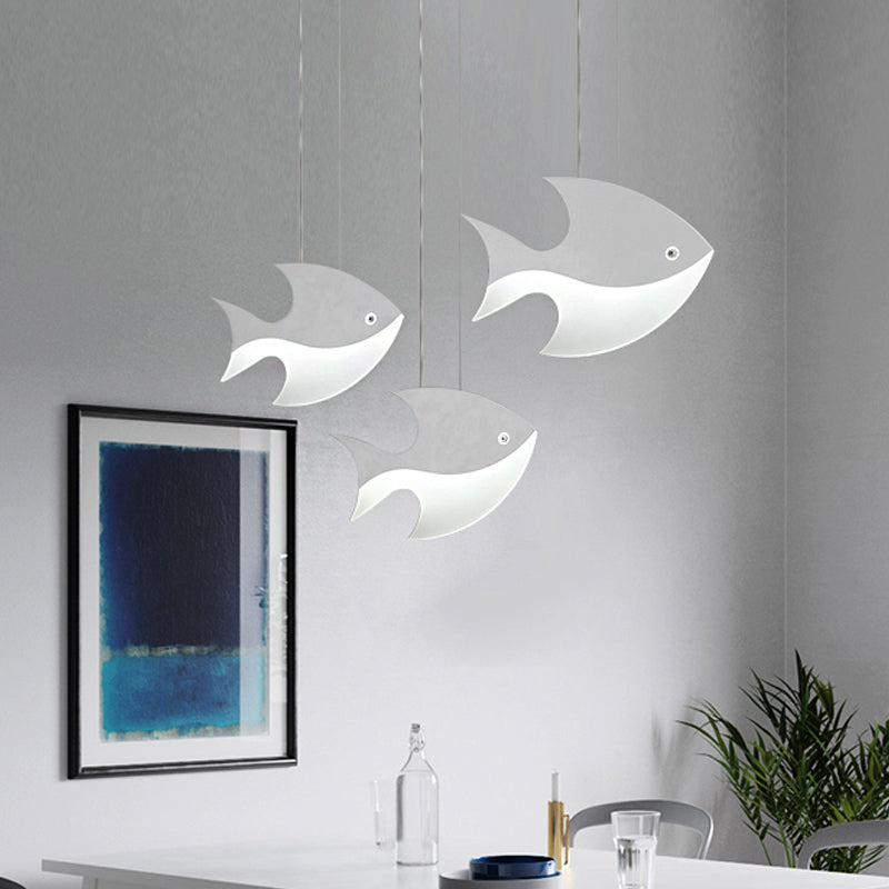 Kids Bedroom Pendant Light - Modern Metal Fixture With Cord And Fish Design White 3 /