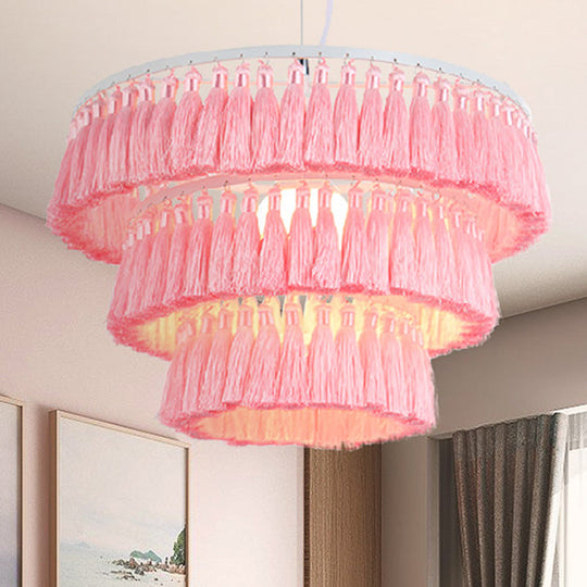 Modern Tassel Pendant Light For Girl Bedroom - Single Fabric Ceiling With Stylish Design Pink