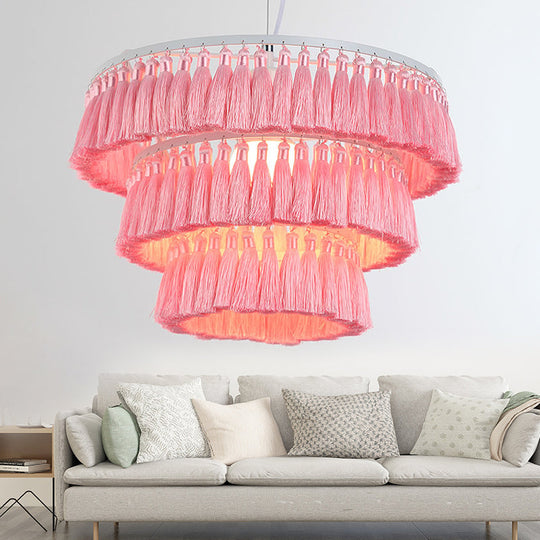 Modern Tassel Pendant Light For Girl Bedroom - Single Fabric Ceiling With Stylish Design