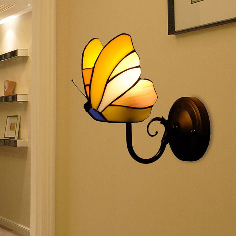 Rustic Lodge Butterfly Wall Sconce - Stained Glass Decorative Light For Bedroom Yellow