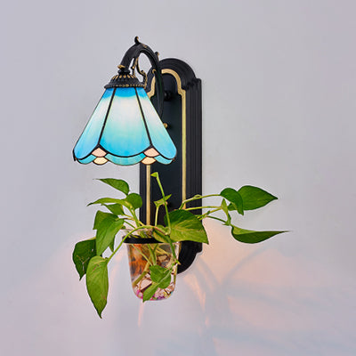 Mediterranean Cone Sconce: 1-Head Blue/White Glass Wall Light Fixture With Plant Decoration Blue
