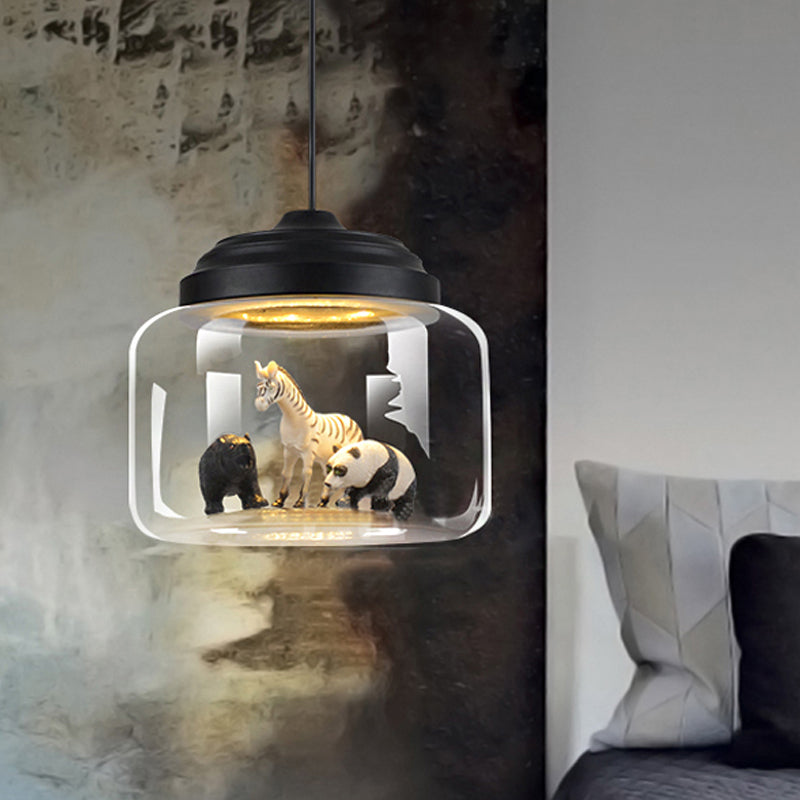 Modern Adjustable Glass Cylinder Bedroom Pendant Lamp With Animal Decor (Random Shipment) Black