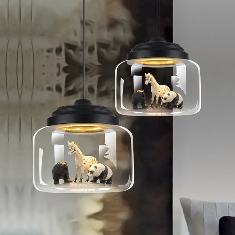 Modern Adjustable Glass Cylinder Bedroom Pendant Lamp With Animal Decor (Random Shipment)