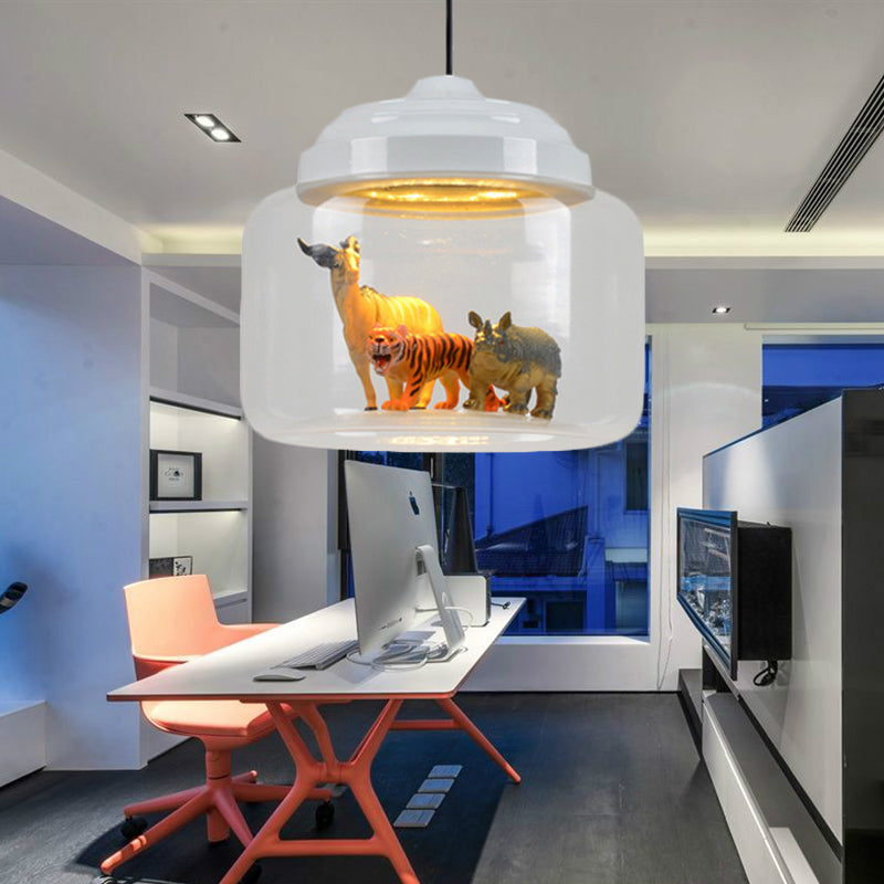 Modern Adjustable Glass Cylinder Bedroom Pendant Lamp With Animal Decor (Random Shipment) White