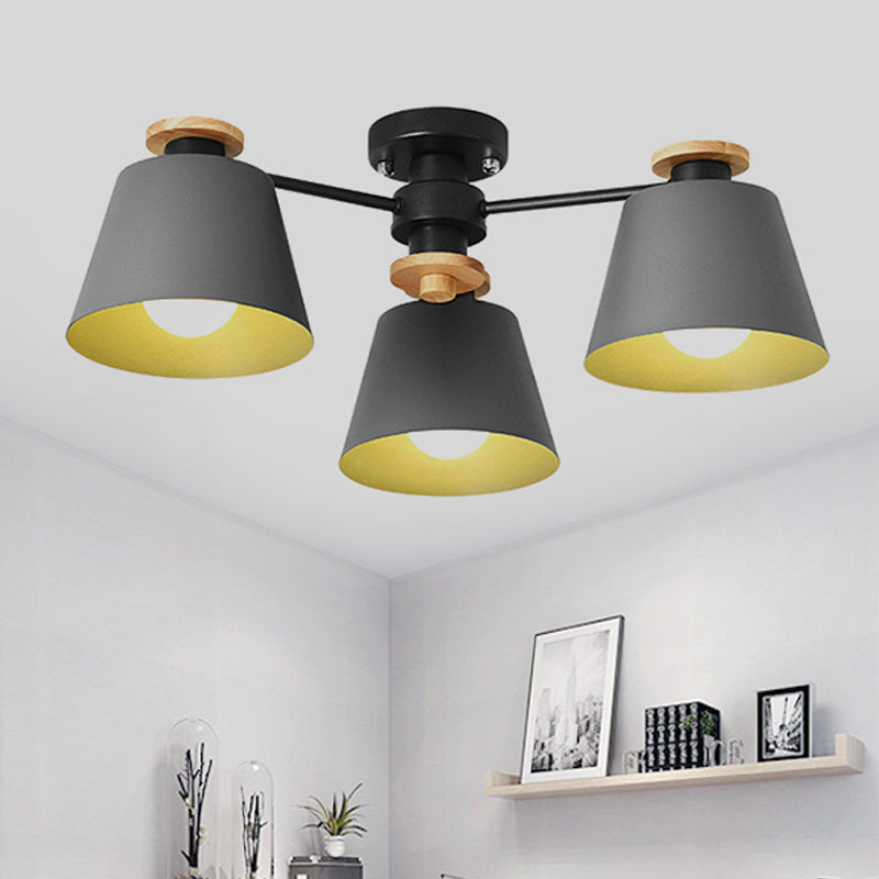 Macaron Metal Bucket Semi Flush Ceiling Light - Ideal For Adult Bedrooms Three Bulbs Fixture Grey