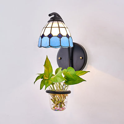 Tiffany Stained Glass Sconce Light: Grid Patterned Wall Mount With Plant Decoration -