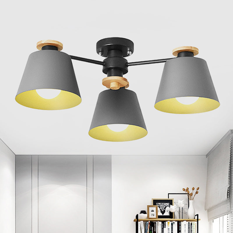 Macaron Metal Bucket Semi Flush Ceiling Light - Ideal For Adult Bedrooms Three Bulbs Fixture