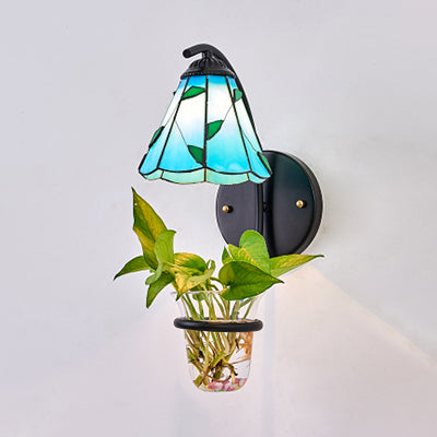 Tiffany Wall Mount Light With Plant Decoration - Cone Sconce Lighting Beige/Blue Glass 1 Head Blue