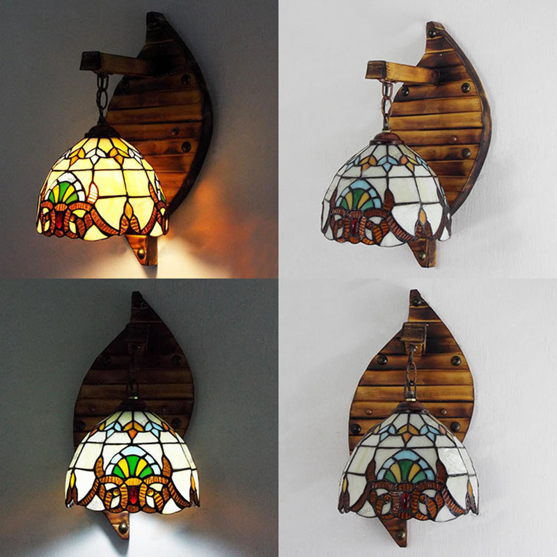 Vintage Stained Glass Wall Sconce In Beige/Blue For Corridors