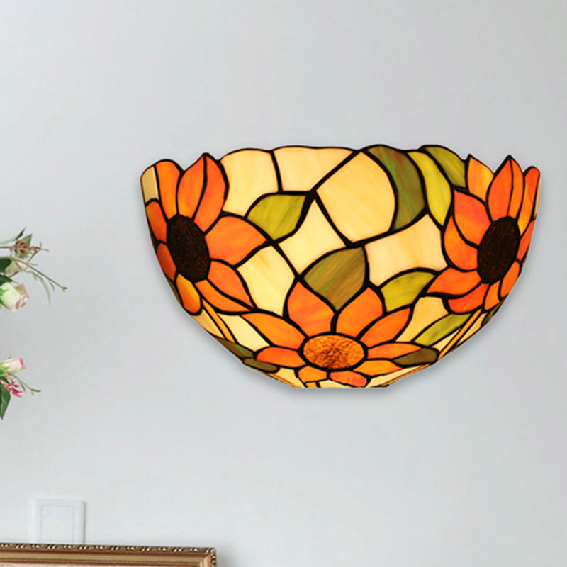 Rustic Tiffany Sunflower Wall Sconce With Stained Glass Bowl Shade Beige