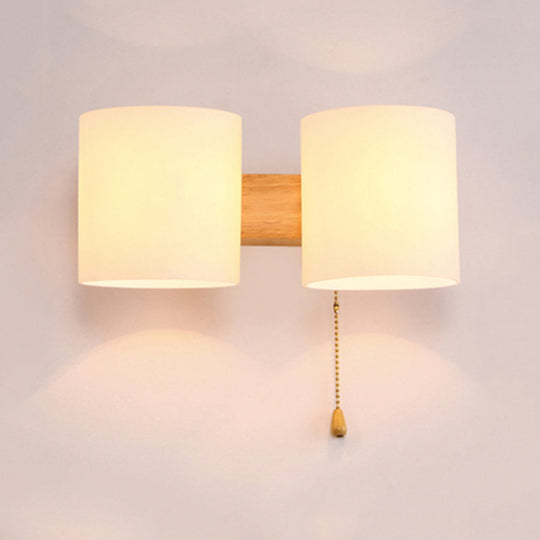 Cylinder Shade Frosted Glass Japanese Wall Lamp - Beige Bedroom Lighting 2 / Wood