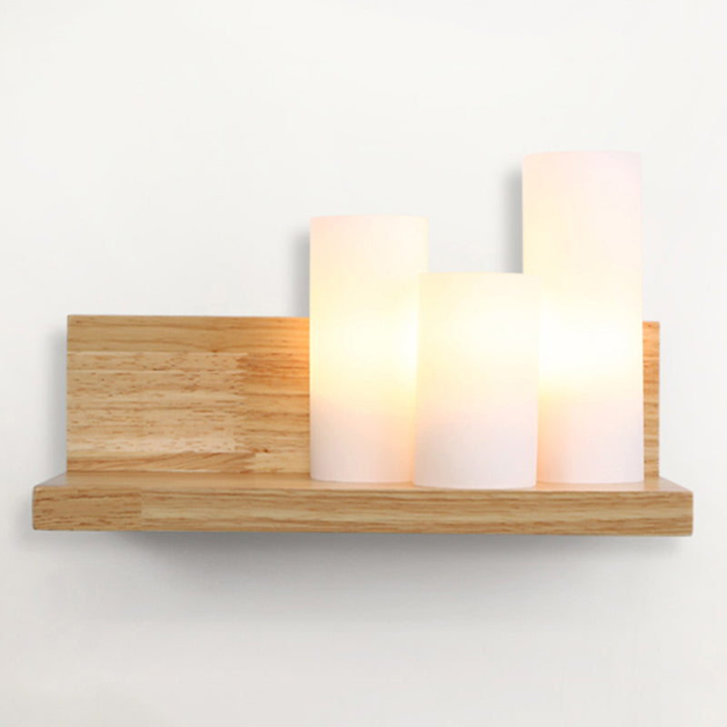 3-Head Contemporary Tube Shade Wall Lamp With Wooden Shelf Perfect For Cloth Shop Wood