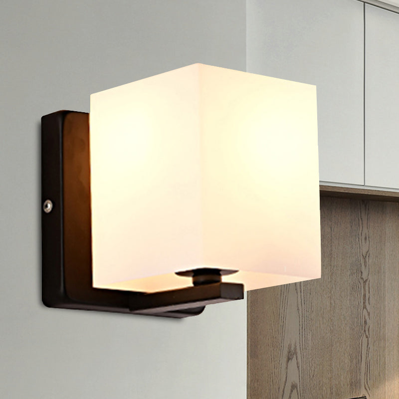 Modern 1-Light White Shade Sconce With Black Base Milk Glass Wall For Living Room / A
