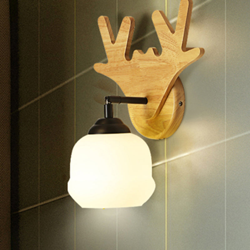 Modern Deer Head Wall Light In Beige For Bedroom - 1 Wood Sconce