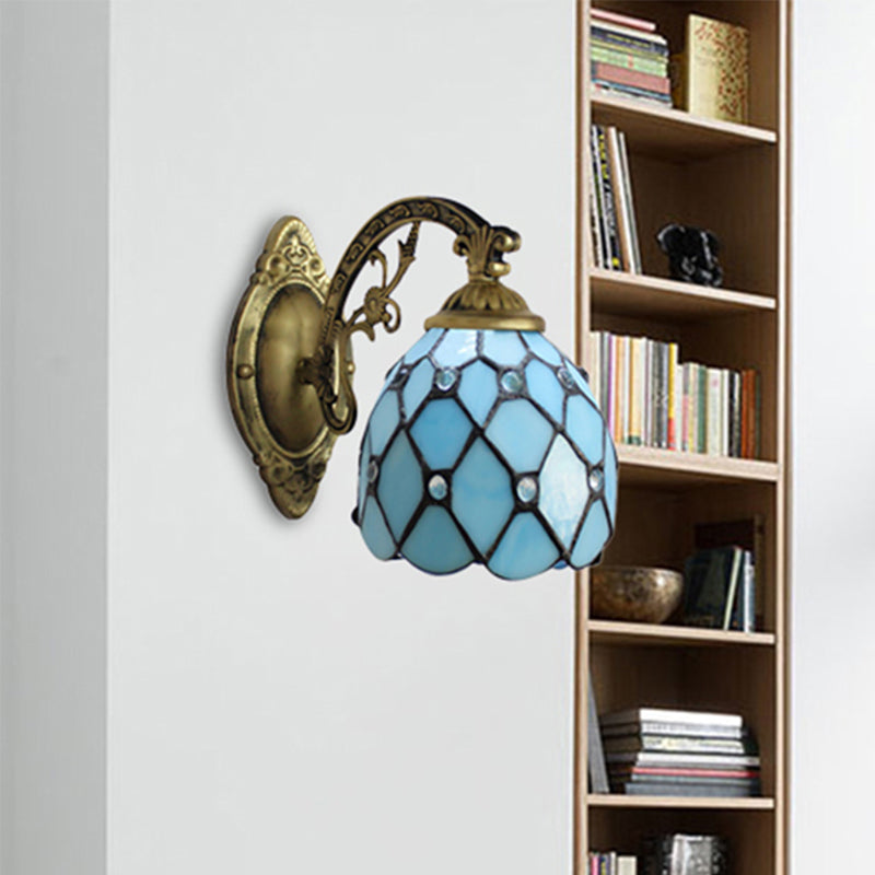 Vintage Stained Glass Dome Wall Mount Mini Sconce Light In Brass Blue / Arc