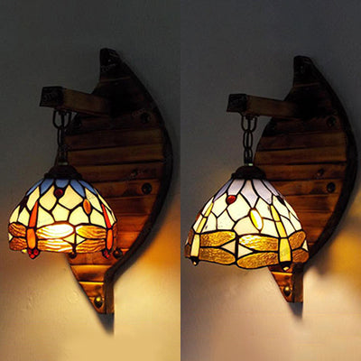 Vintage Stained Glass Wall Sconce With Dragonfly Pattern Purple/Blue