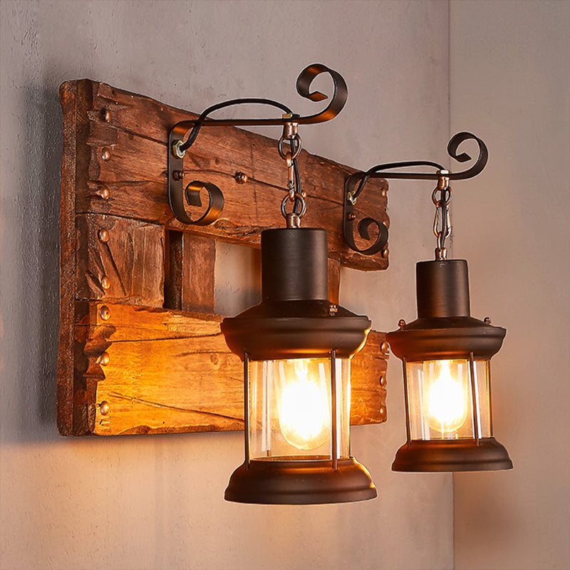 Industrial Lantern Wall Sconce - Clear Glass Black 2-Light Fixture With Wooden Backplate Wood