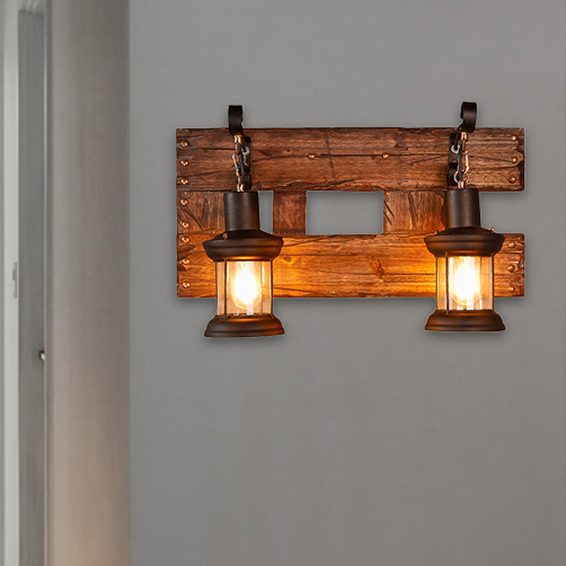 Industrial Lantern Wall Sconce - Clear Glass Black 2-Light Fixture With Wooden Backplate
