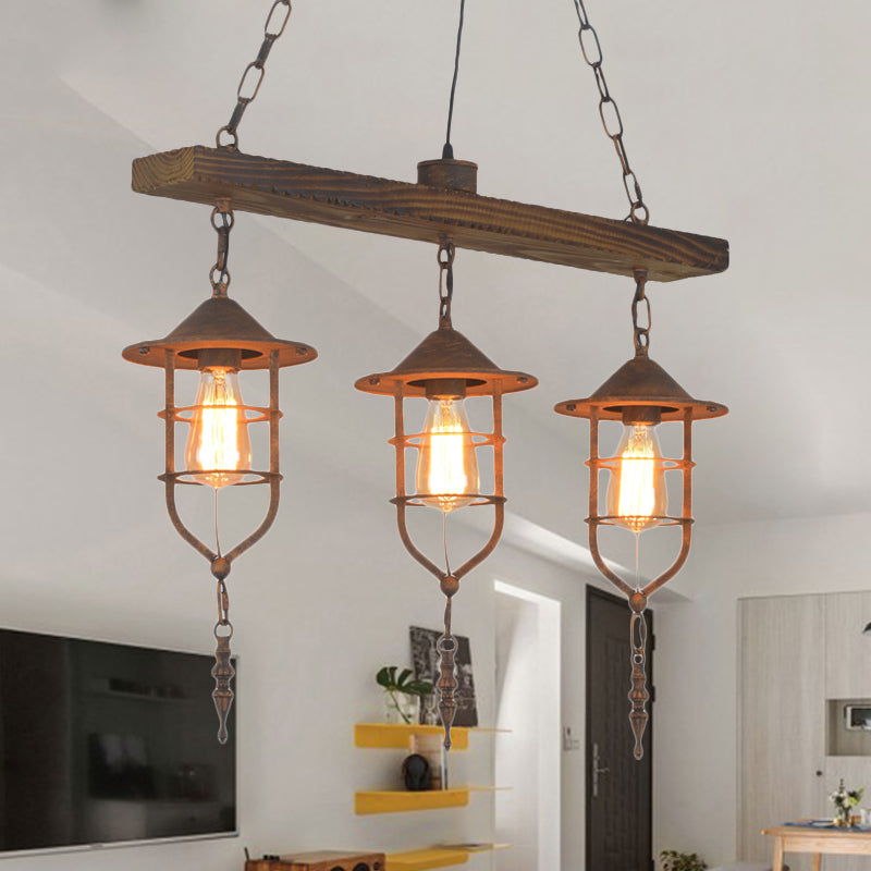 Caged Rustic Metal Pendant Light Fixture With Wooden Beam - 3 Lights Hanging Lamp Kit Rust