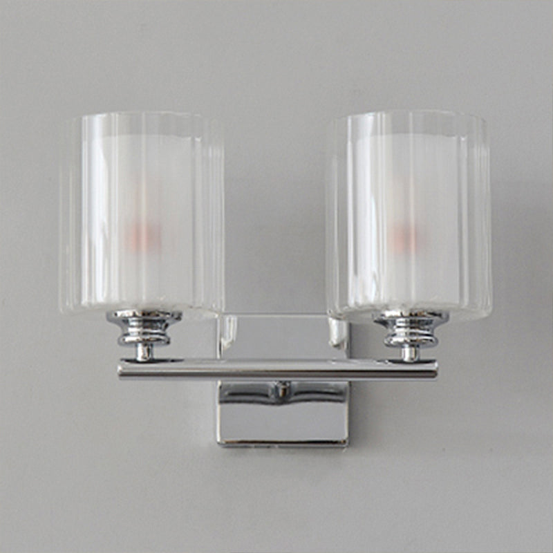 Modern White Wall Sconce Lighting Fixture With Clear Glass Cylinder Shade - 2 Bulbs