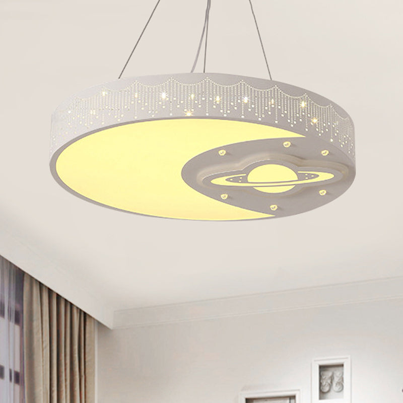 White Metal Round Pendant Light With Moon And Planet Design - Ideal Kids Chandelier For Living Room